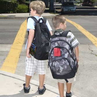 Two brothers watch for traffic at a crosswalk to ensure their safety